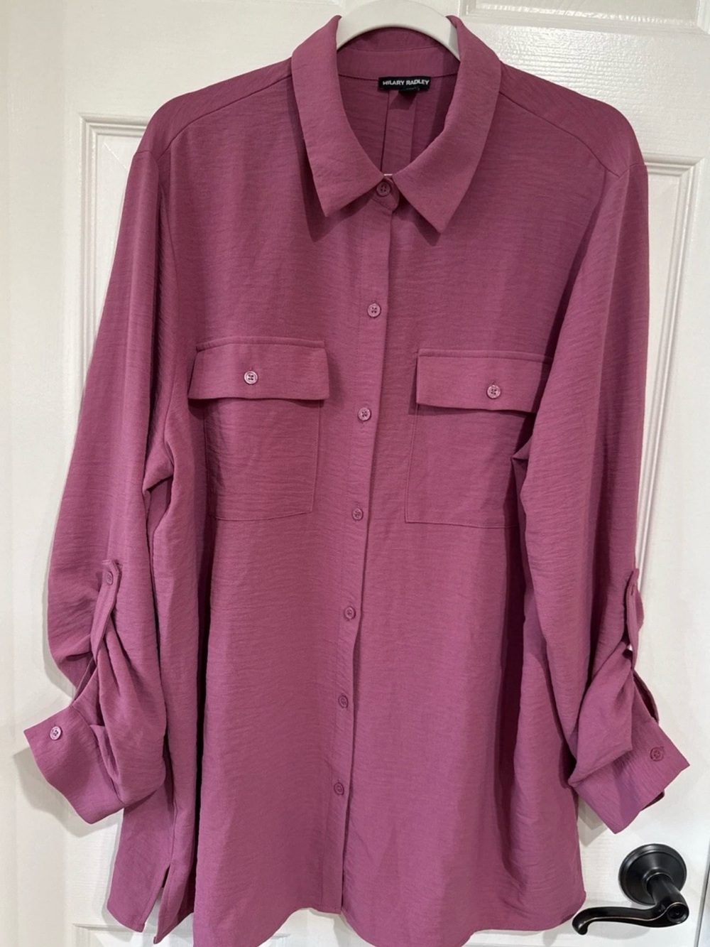 Hilary Radley Women's XL Roll Tab Sleeve Button Up Blouse Mauve Pink NWOT